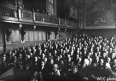 First World Conference on Faith and Order, Lausanne, 1927. Lower right (l. to r.): Met. Evlogy (Georgiyevsky) of Paris and Western Europe; Fr. Sergius Bulgakov; Met. Dionisy (Waledinsky) of Warsaw and All Poland. Photo: WCC D9593-00.